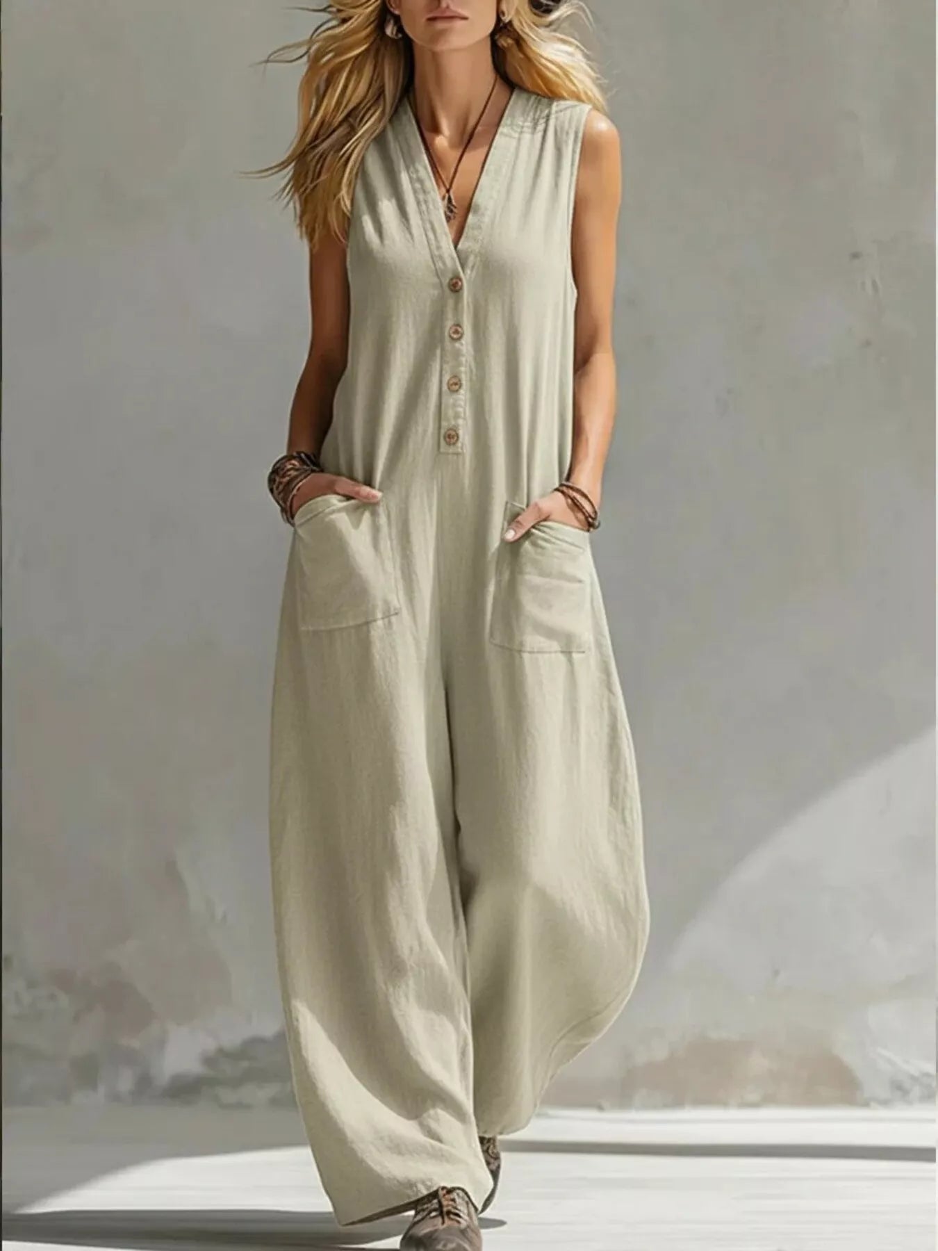 Sleeveless Jumpsuit – Wide-Leg Cut in Army Green – Chaotic Fashion