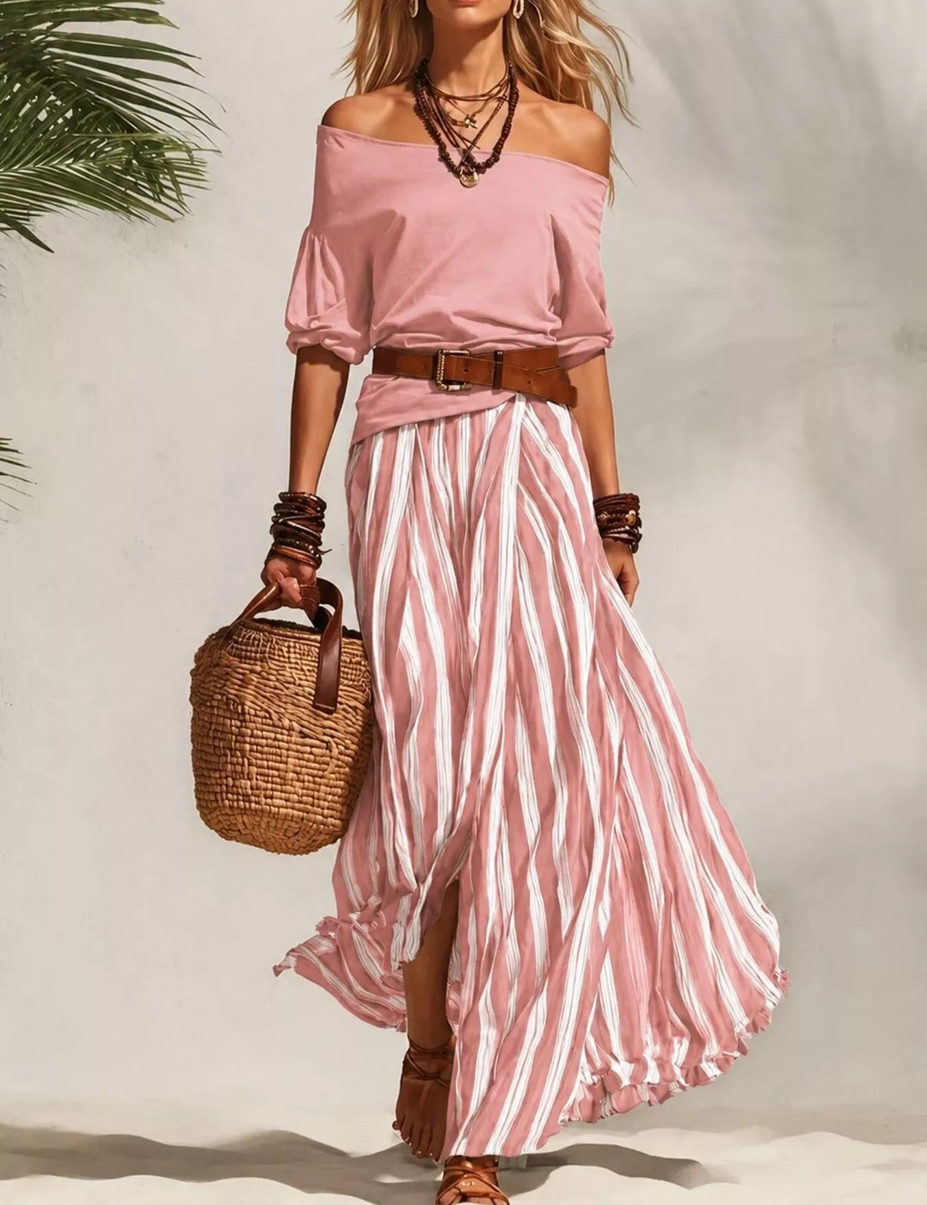 Women's maxi dress in striped, off-shoulder