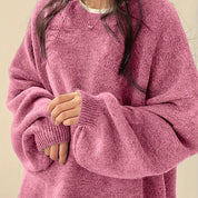 Women’s Solid Knit Sweater – Beige Polyester – Crew Neck Pullover with Split Hem for Fall & Winter