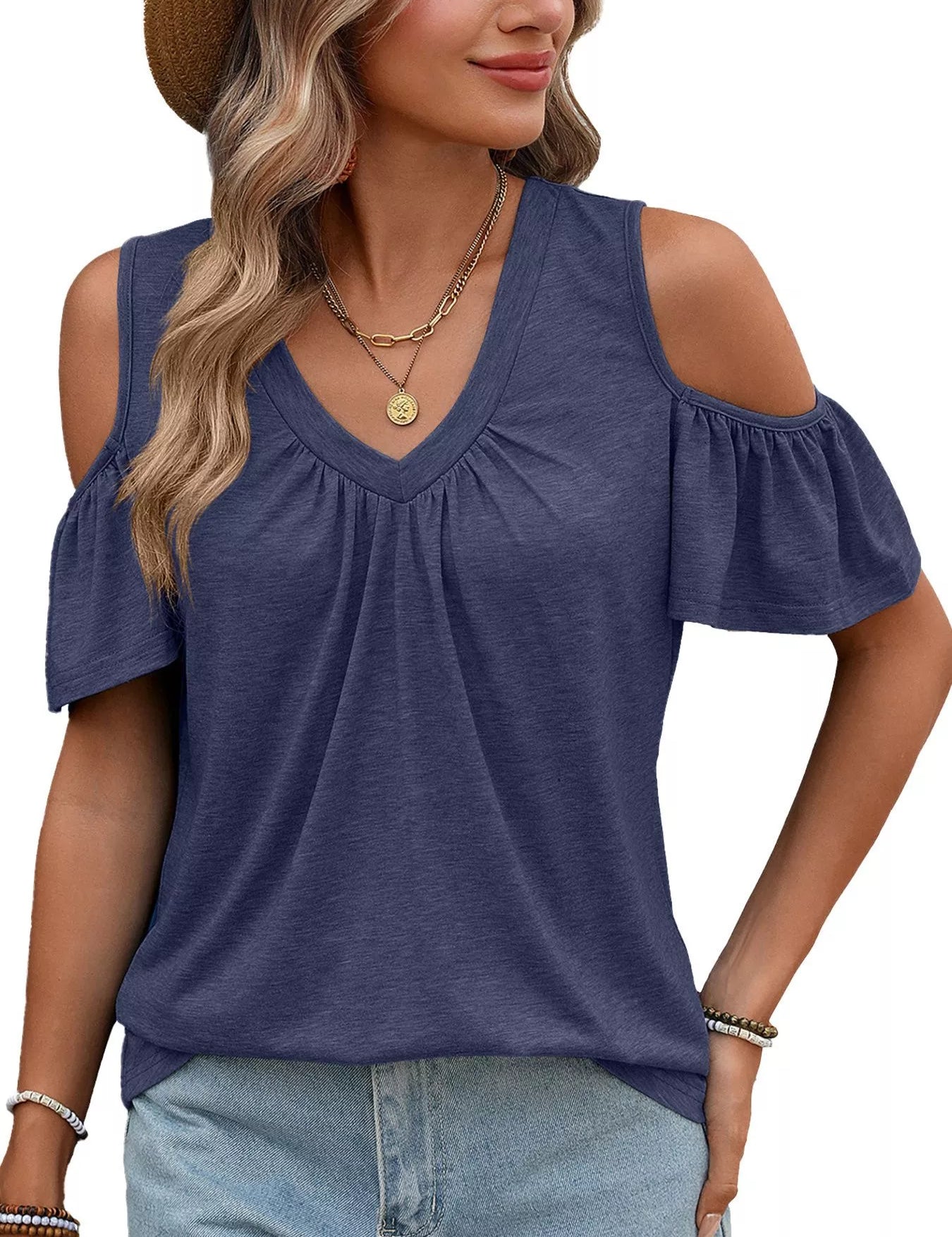 Cold Shoulder V-Neck Tee – Ruched Side Detail – Chaotic Fashion