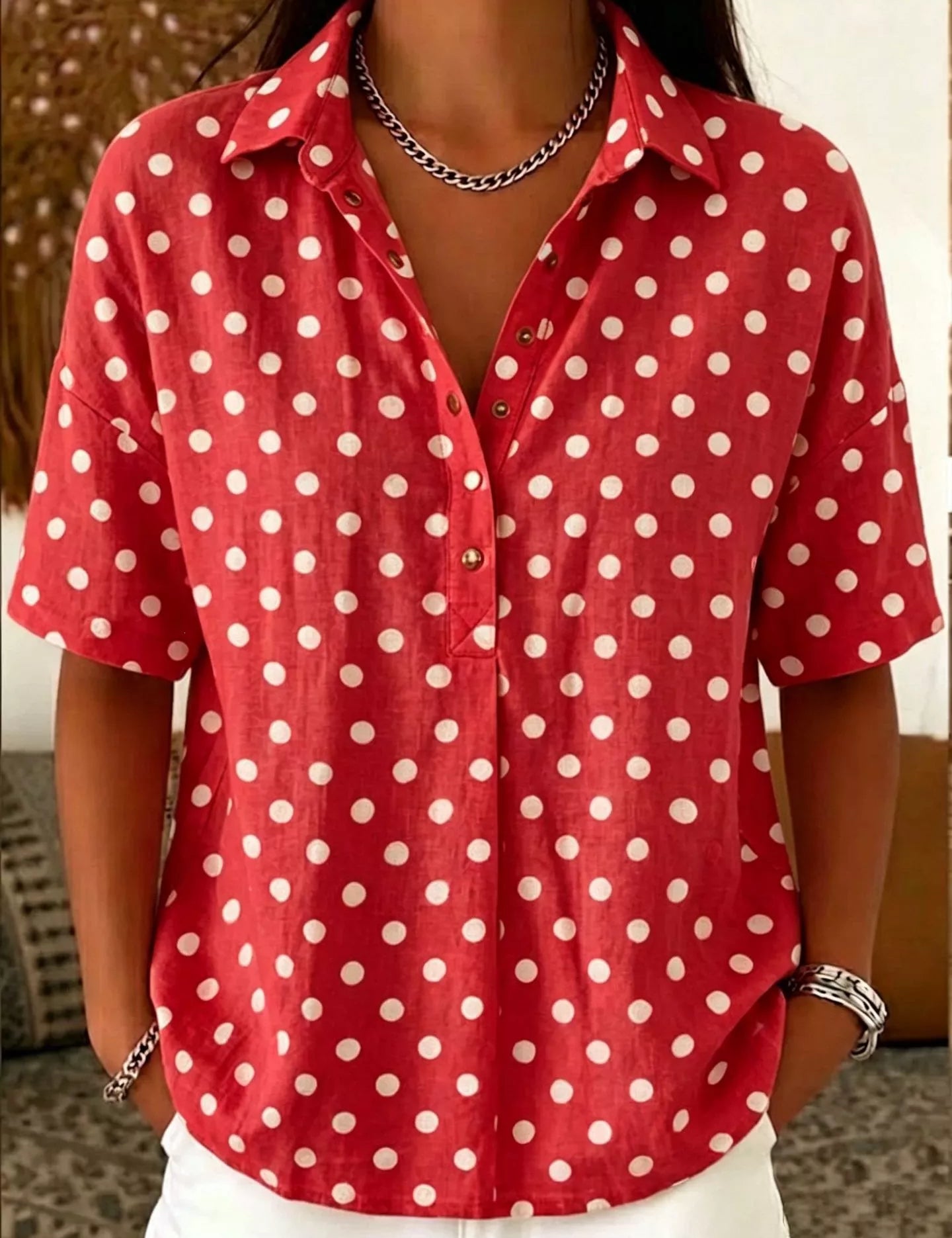 Button-Front Polka Dot Shirt – Soft Fabric in Matcha Color – Chaotic Fashion