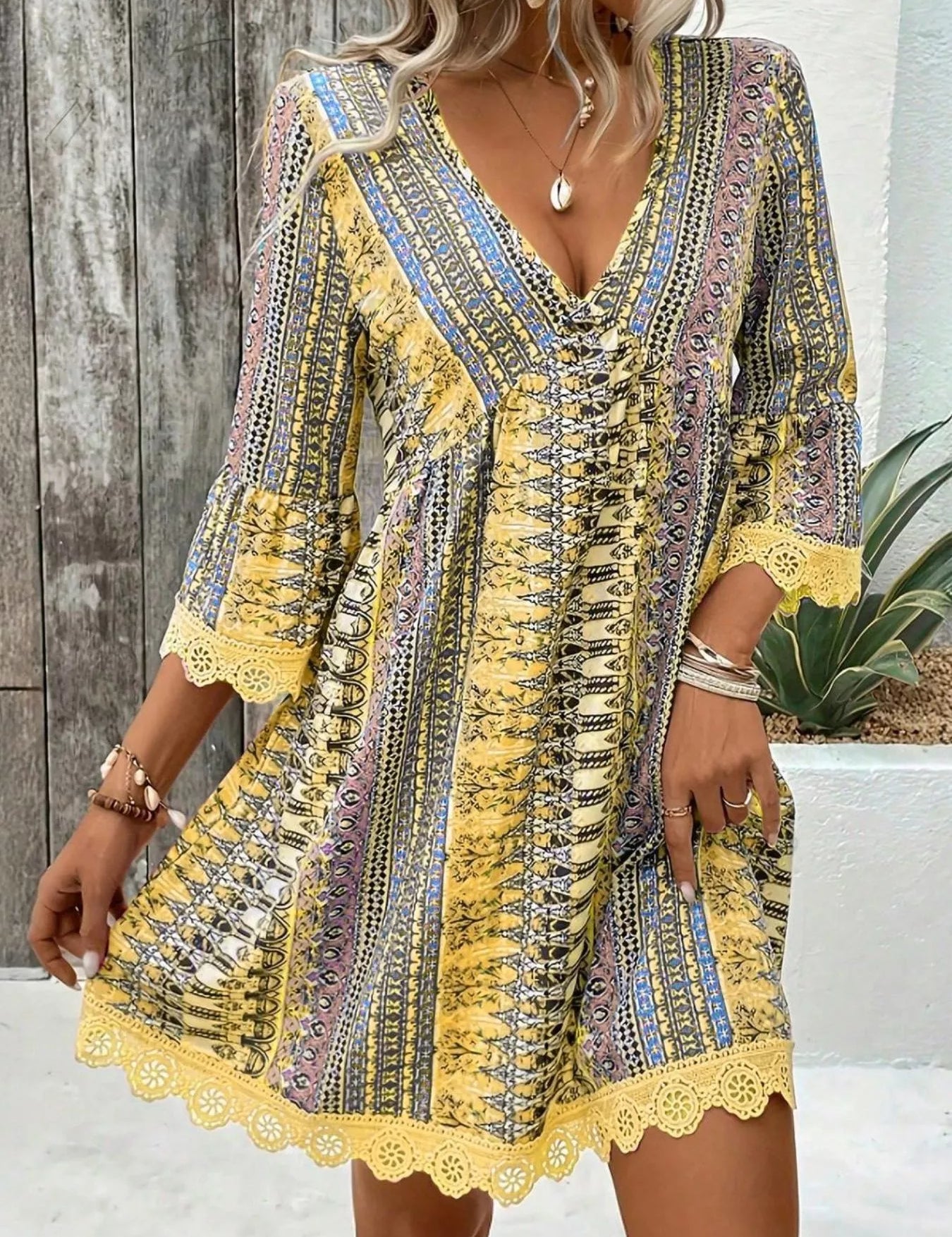Women's midi dress in printed, v-neck