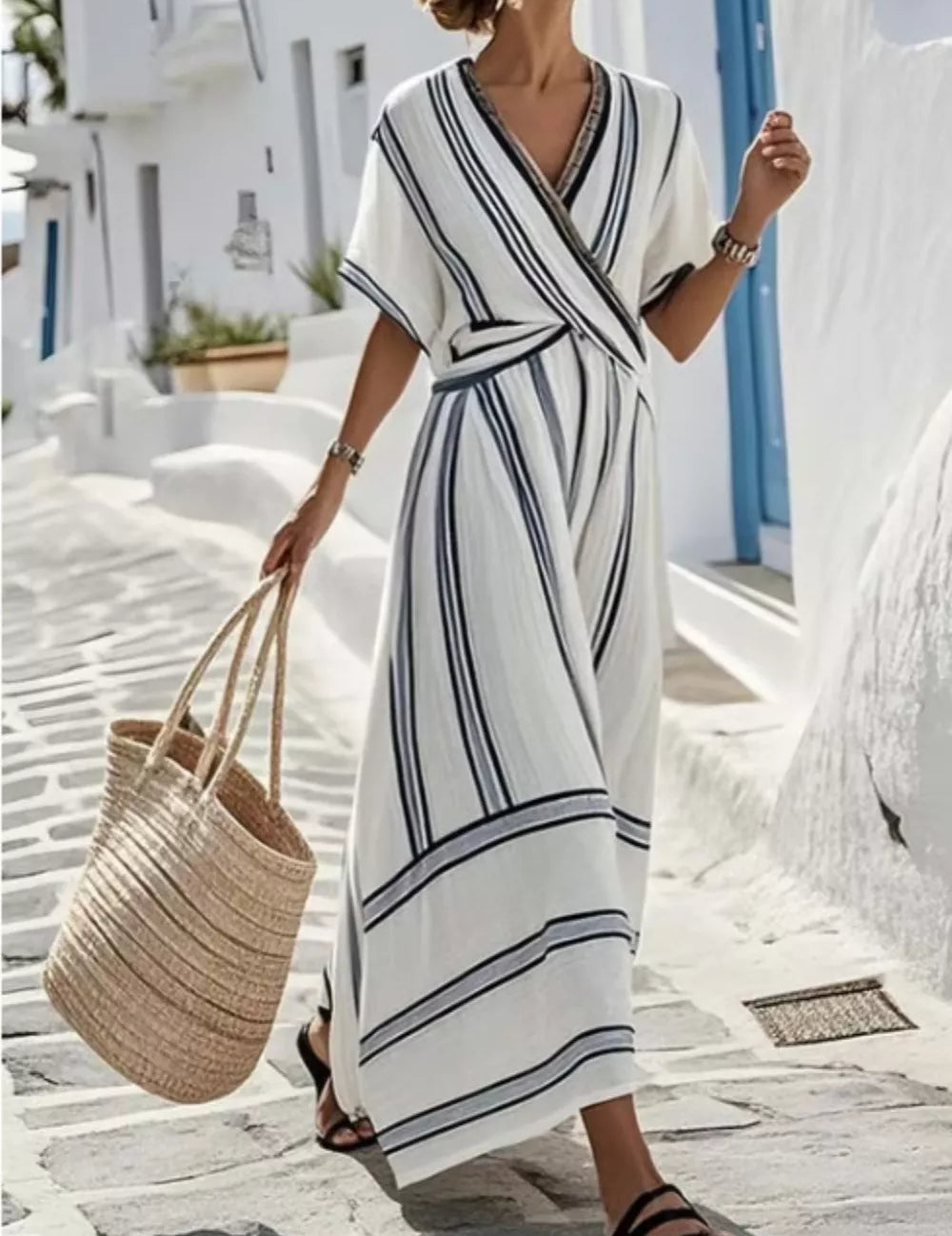 Maxi Dress – Striped Wrap Style in White – Chaotic Fashion