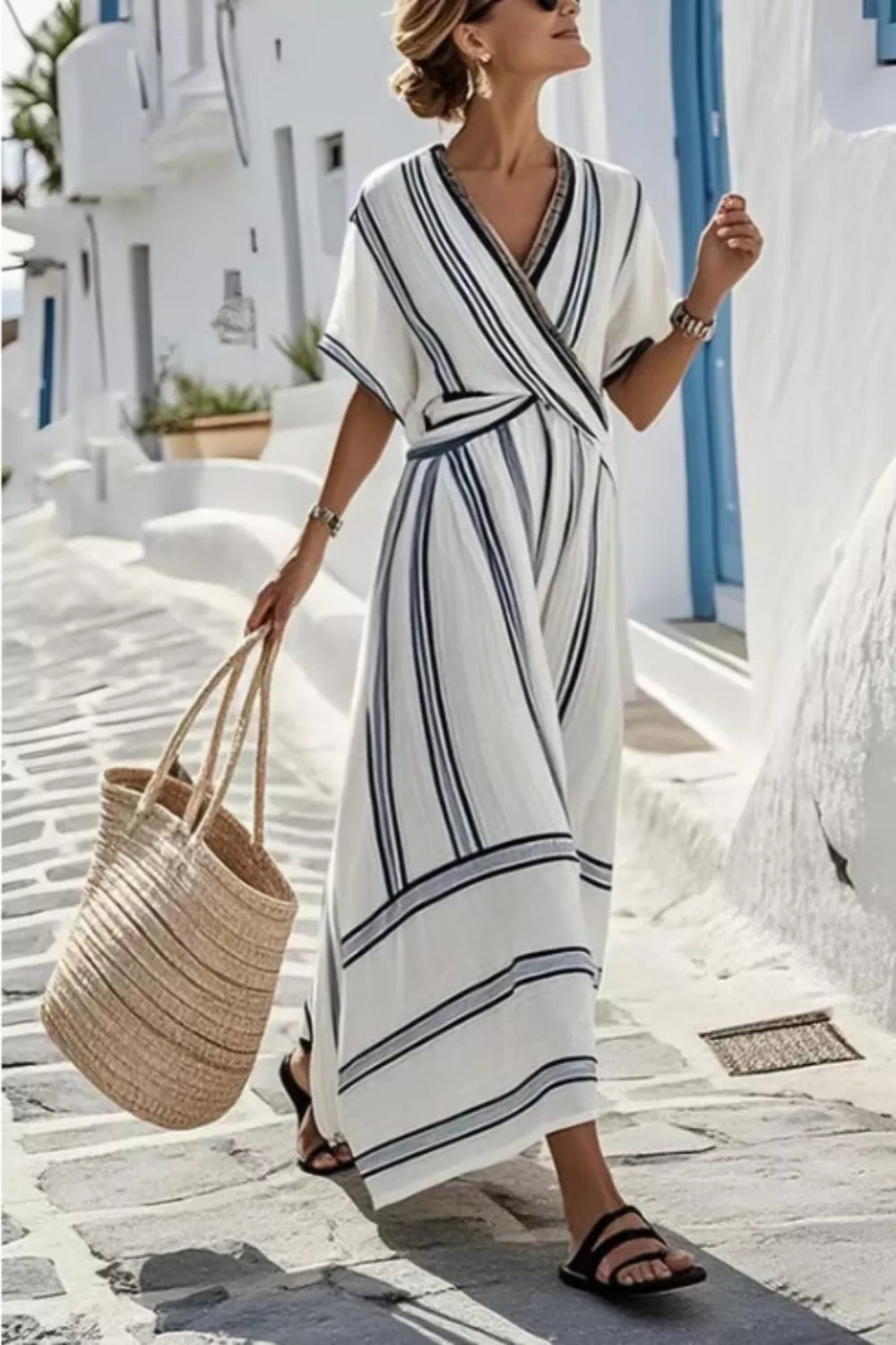 Maxi Dress – Striped Wrap Style in White – Chaotic Fashion
