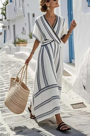 Maxi Dress – Striped Wrap Style in White – Chaotic Fashion