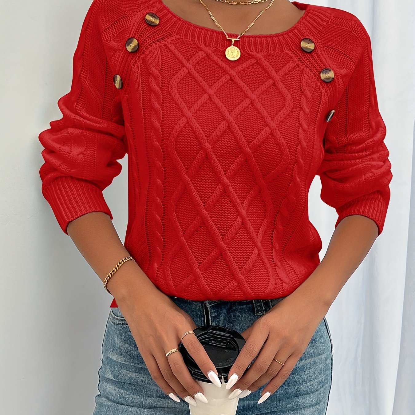 Cozy Red Cable Knit Button-Front Sweater for Women – Square Neck Lantern Sleeve Fall Winter Top
