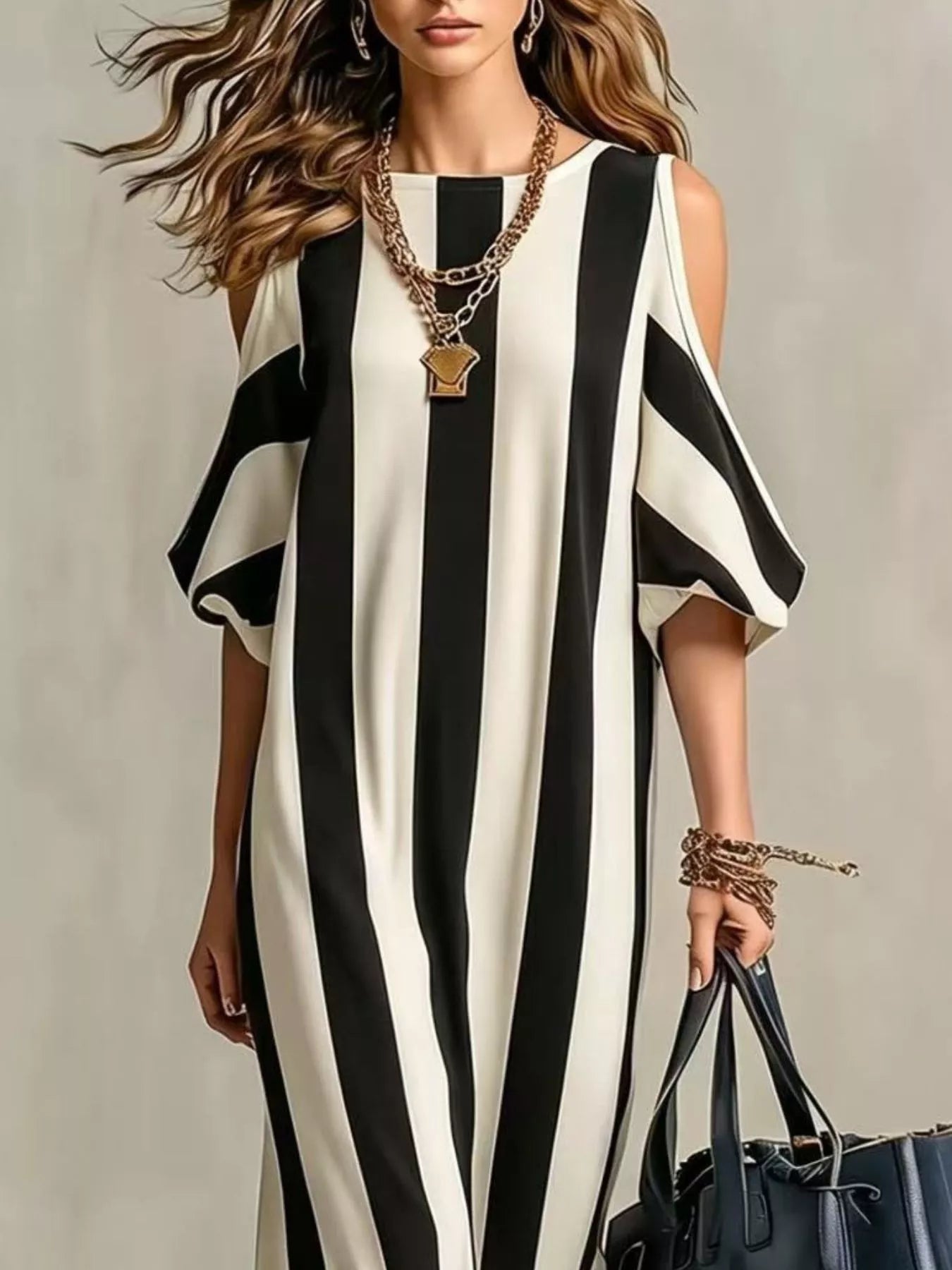 Women's maxi dress in striped, cold shoulder