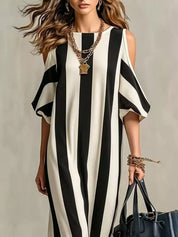 Women's maxi dress in striped, cold shoulder