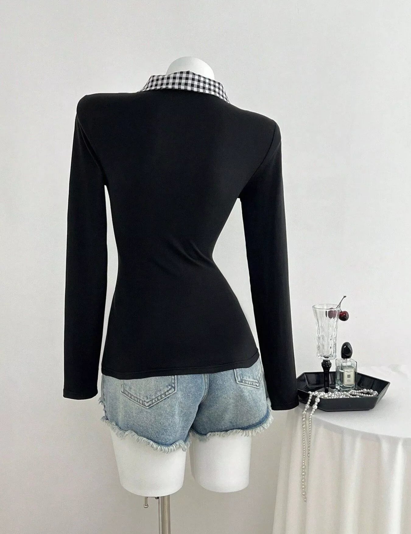 Women's Gingham Collar Tee – Layering Preppy Top – Chaotic Fashion