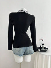 Women's Gingham Collar Tee – Layering Preppy Top – Chaotic Fashion