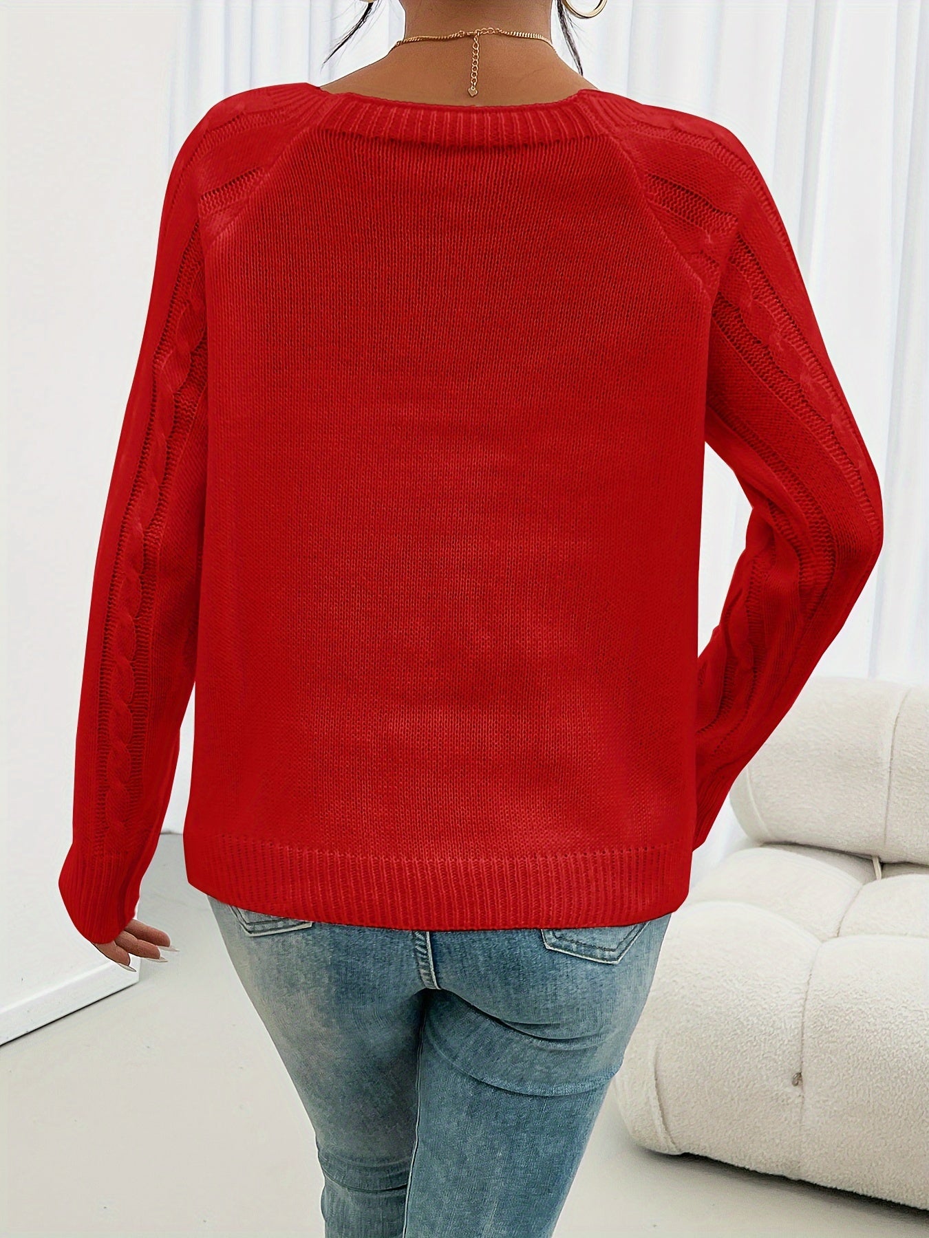 Cozy Red Cable Knit Button-Front Sweater for Women – Square Neck Lantern Sleeve Fall Winter Top