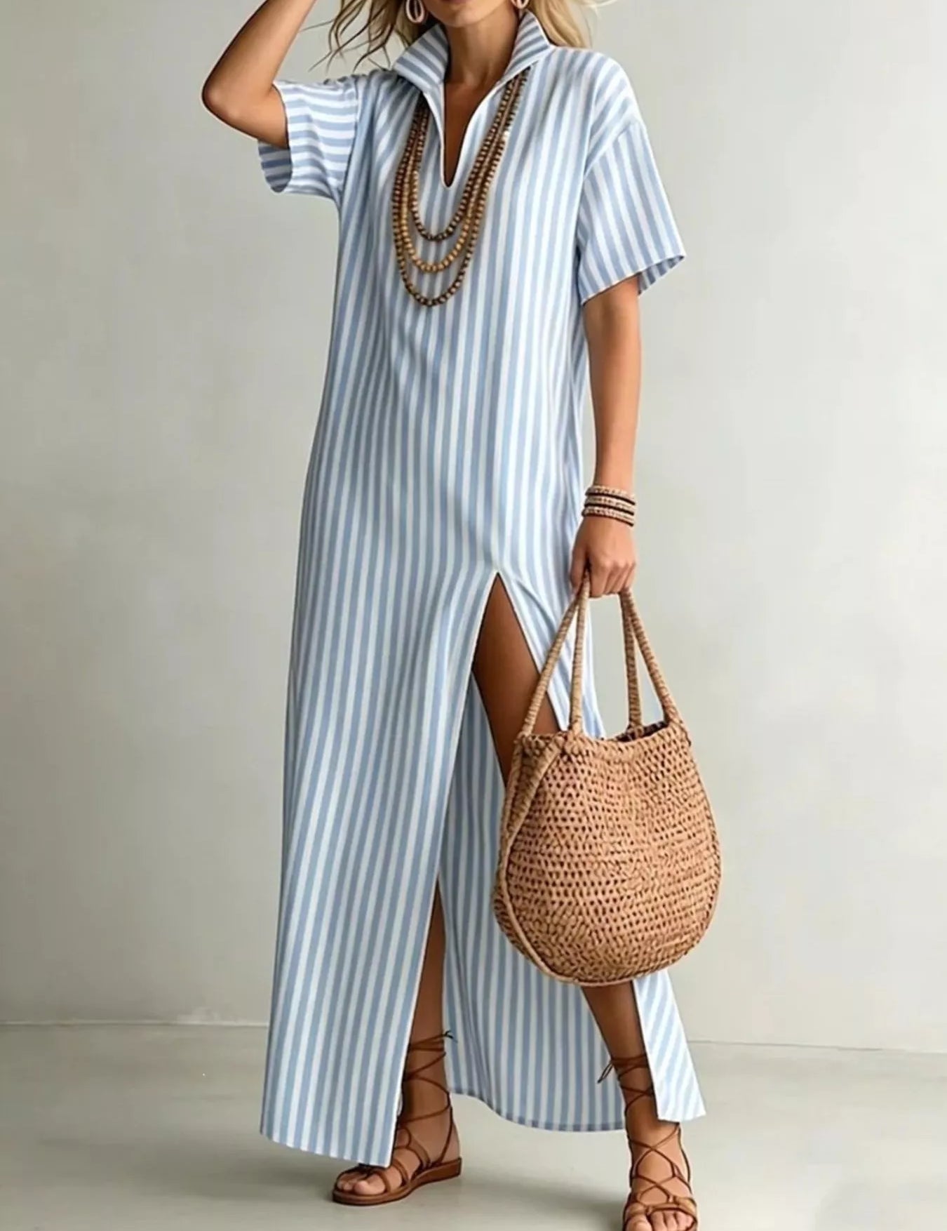 Maxi Dress – Striped Side Slit in Light Blue – Chaotic Fashion