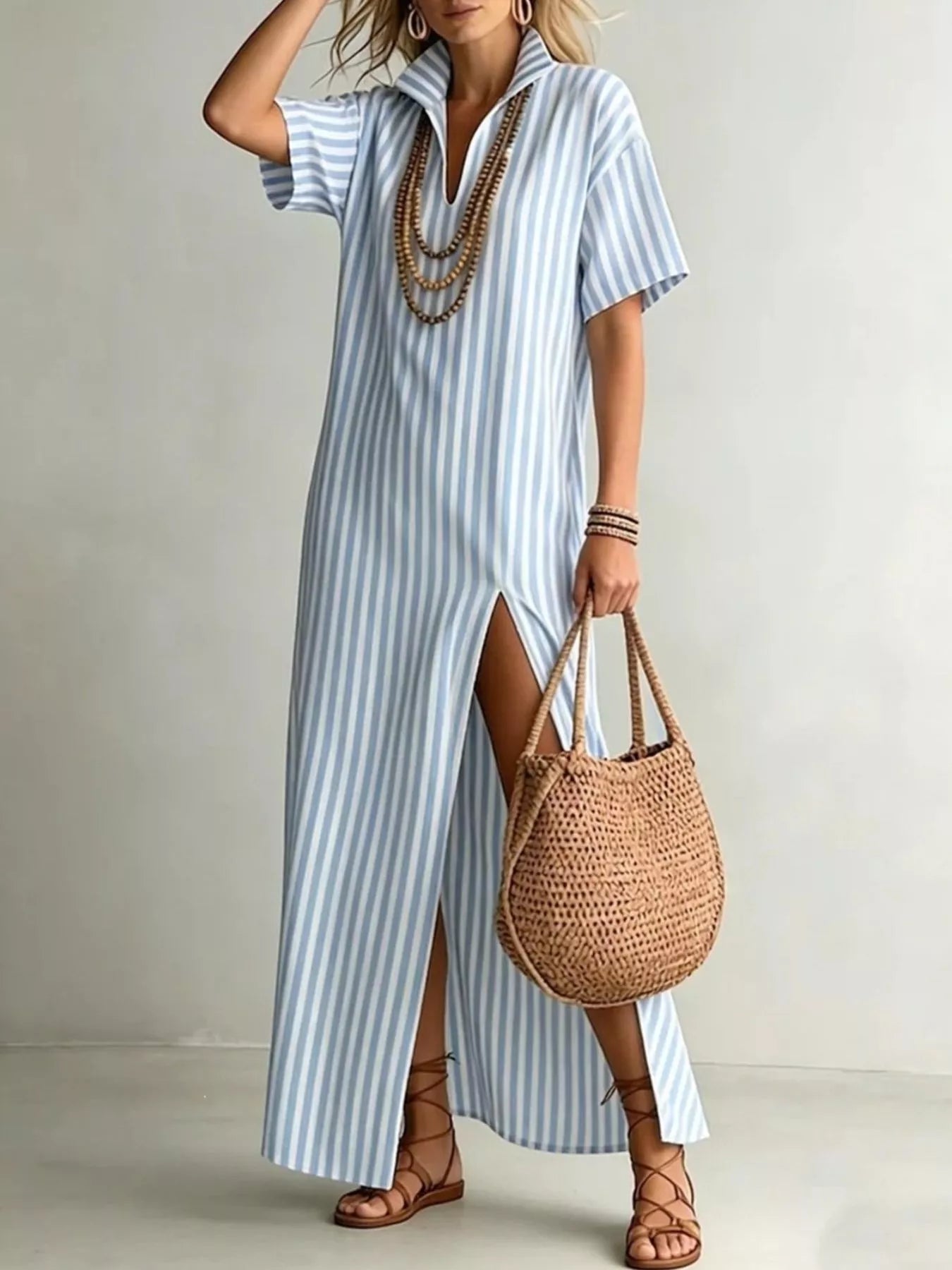 Maxi Dress – Striped Side Slit in Light Blue – Chaotic Fashion