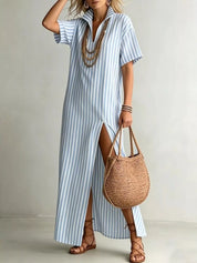 Maxi Dress – Striped Side Slit in Light Blue – Chaotic Fashion