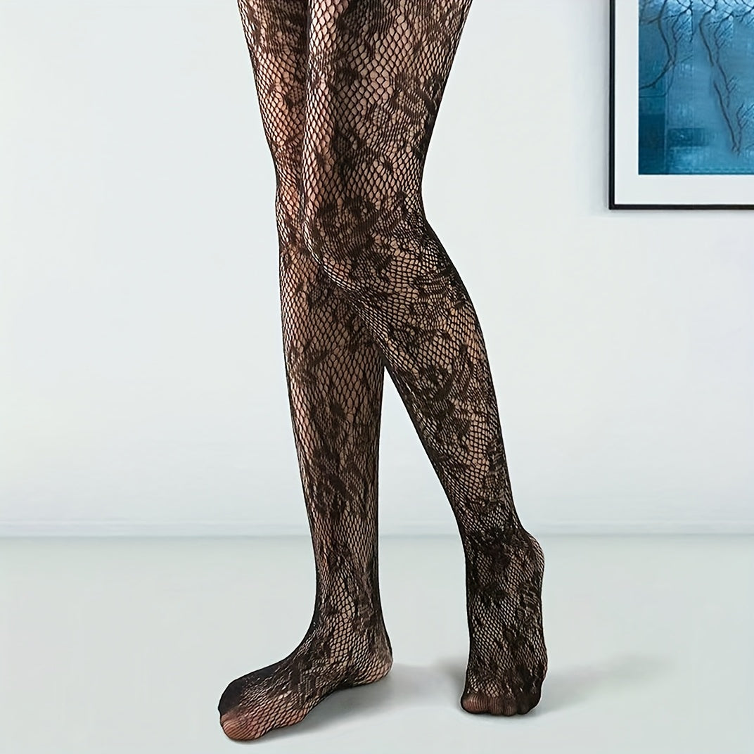 Elegant fishnet tights with floral lace