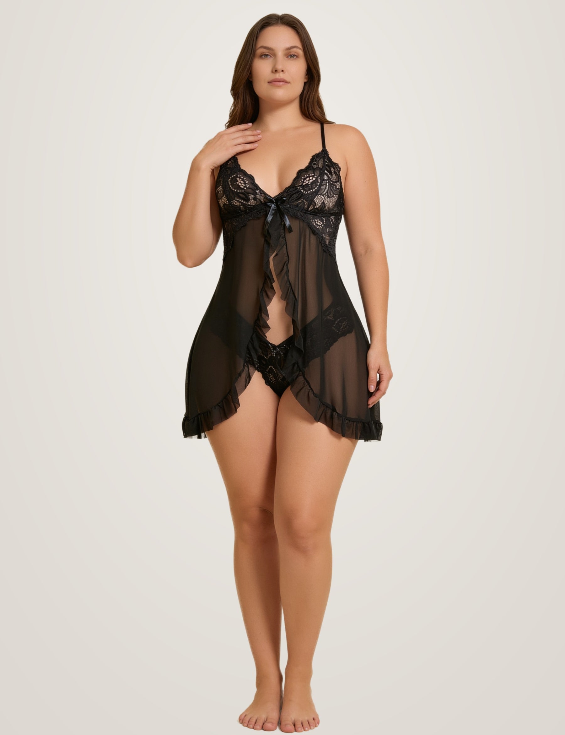 Model wearing the black sheer babydoll lingerie set - open front mesh slip with lace cups and matching brief - Chaotic Fashion