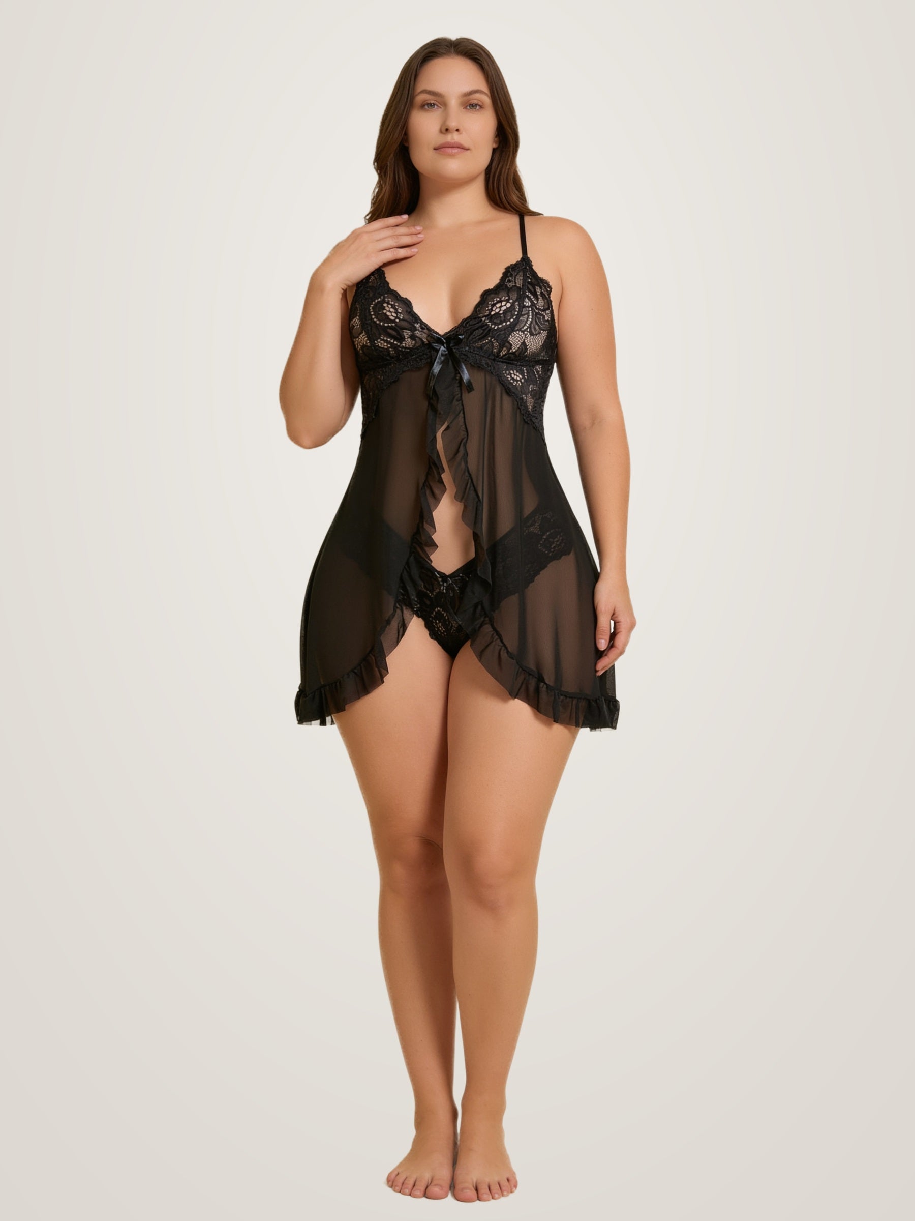 Model wearing the black sheer babydoll lingerie set - open front mesh slip with lace cups and matching brief - Chaotic Fashion