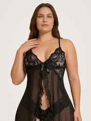 Close-up of the black lace cups and centre satin bow on the sheer babydoll slip - Chaotic Fashion