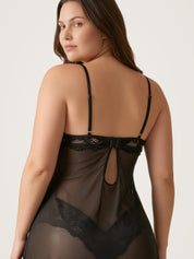 Close-up of the black babydoll keyhole back detail with satin bow and lace panel - Chaotic Fashion