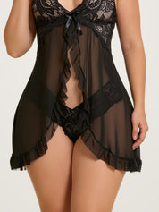 Close-up of the matching black lace brief included with the babydoll lingerie set - Chaotic Fashion