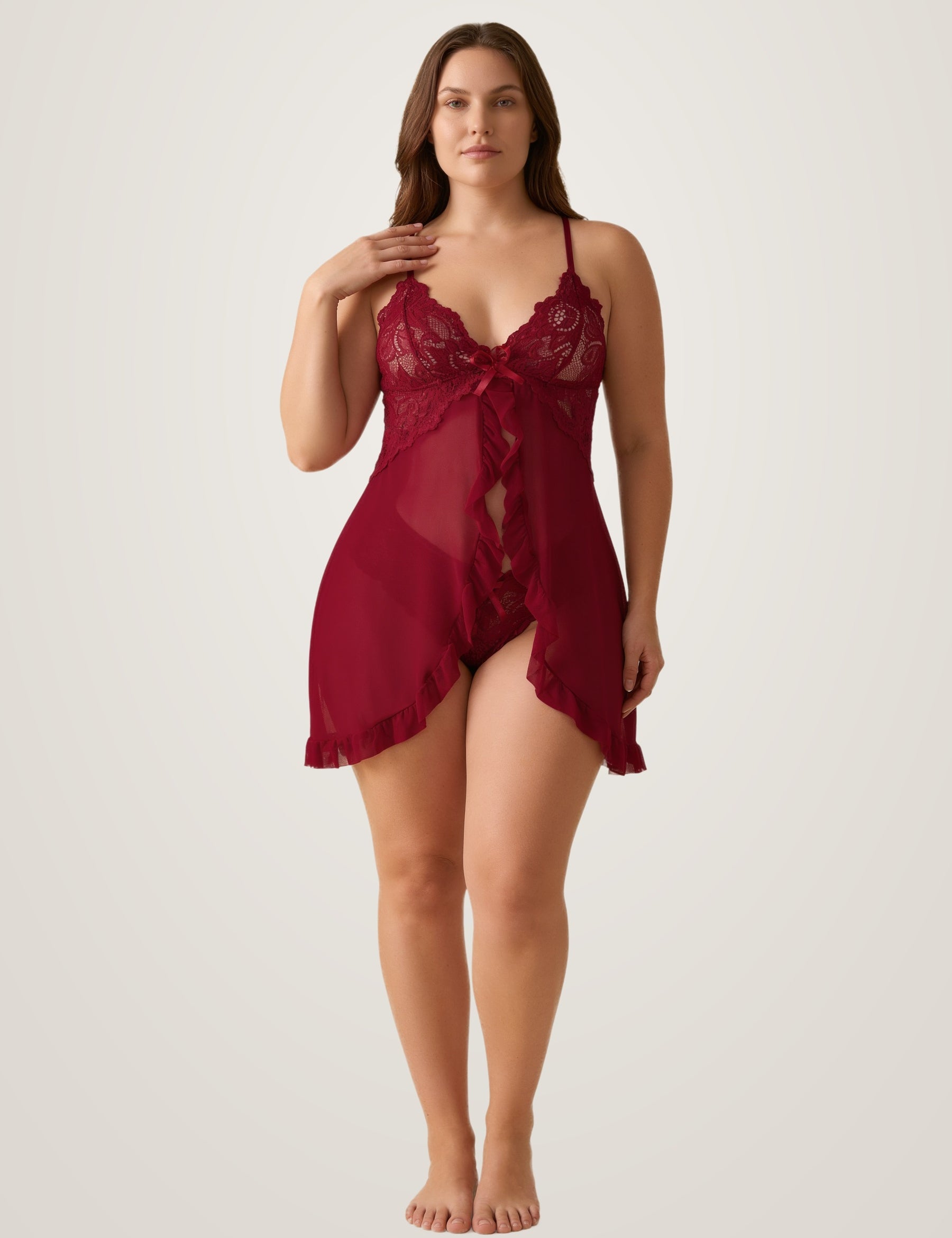 Model wearing the red sheer babydoll lingerie set - open front mesh slip with lace cups and matching brief - Chaotic Fashion