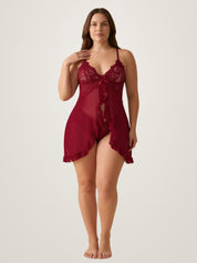 Model wearing the red sheer babydoll lingerie set - open front mesh slip with lace cups and matching brief - Chaotic Fashion