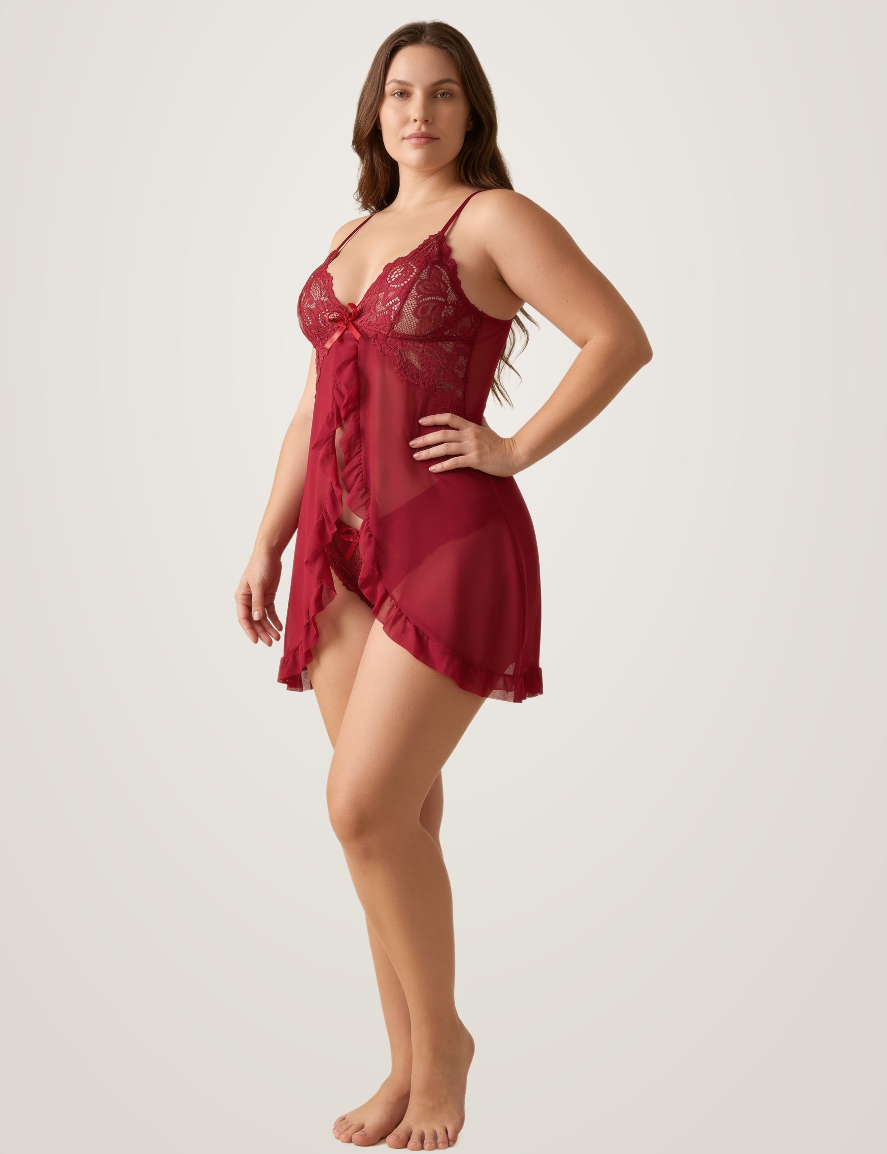 Side three-quarter view of the red sheer babydoll slip showing the open front drape and ruffled hem - Chaotic Fashion