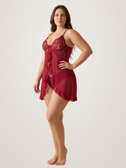 Side three-quarter view of the red sheer babydoll slip showing the open front drape and ruffled hem - Chaotic Fashion