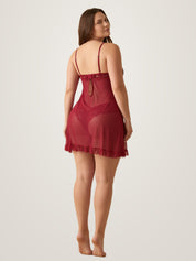 Back view of the red sheer babydoll slip showing the keyhole back, satin bow and adjustable straps - Chaotic Fashion