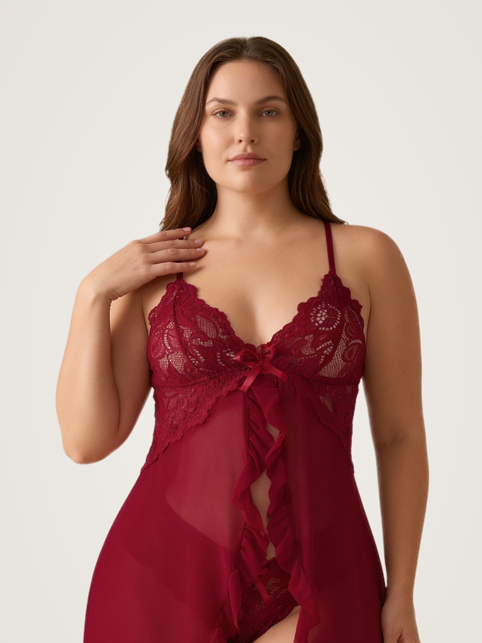 Close-up of the red lace cups and centre satin bow on the sheer babydoll slip - Chaotic Fashion