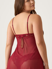 Close-up of the red babydoll keyhole back detail with satin bow and lace panel - Chaotic Fashion