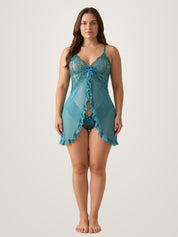 Model wearing the teal sheer babydoll lingerie set - open front mesh slip with lace cups and matching brief - Chaotic Fashion