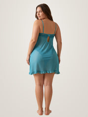Back view of the teal sheer babydoll slip showing the keyhole back, satin bow and adjustable straps - Chaotic Fashion