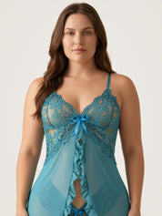 Close-up of the teal lace cups and centre satin bow on the sheer babydoll slip - Chaotic Fashion