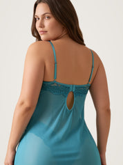 Close-up of the teal babydoll keyhole back detail with satin bow and lace panel - Chaotic Fashion