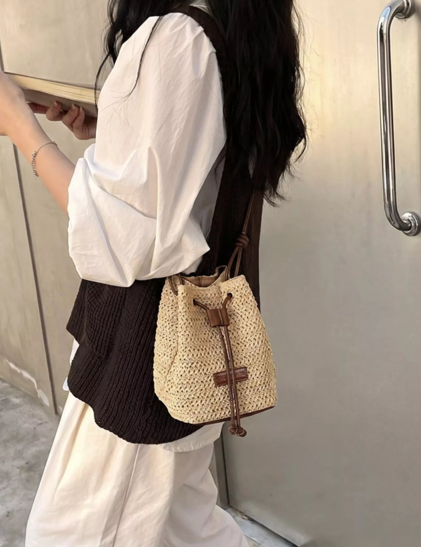 Women's Small bucket bag in woven straw, straw detail, off-white