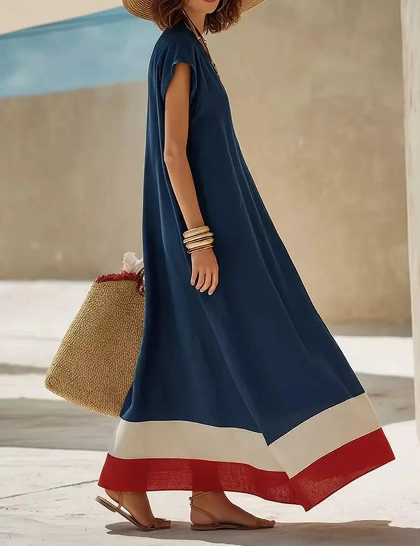 Women's maxi dress in colour block, v-neck