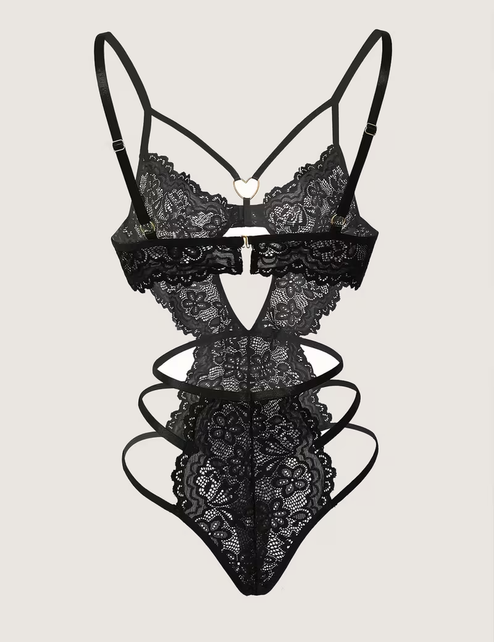 Black lace teddy bodysuit laid flat showing adjustable straps and underbust band