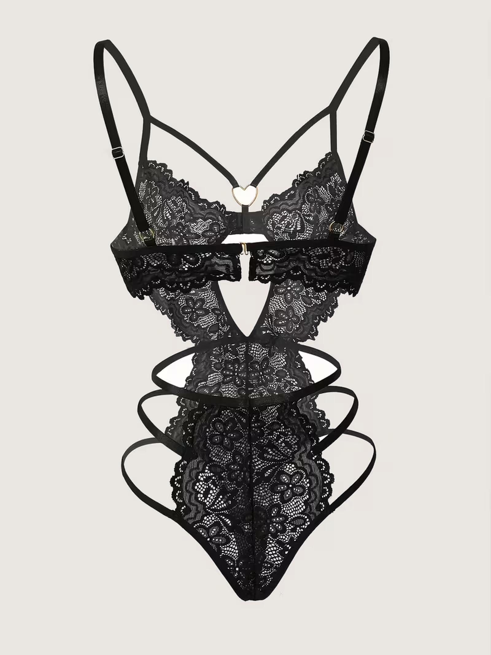 Black lace teddy bodysuit laid flat showing adjustable straps and underbust band
