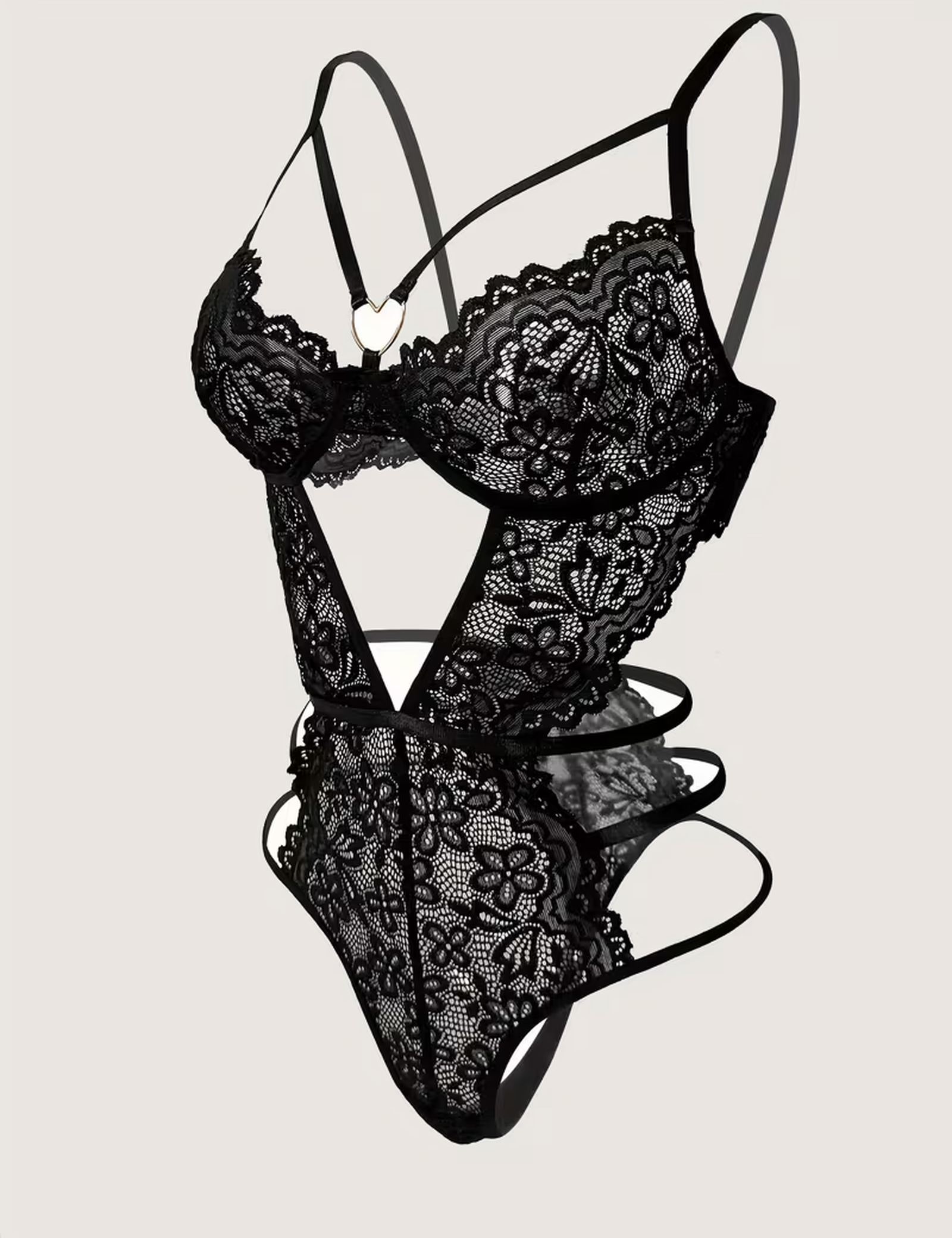 Black backless lace bodysuit at three-quarter angle