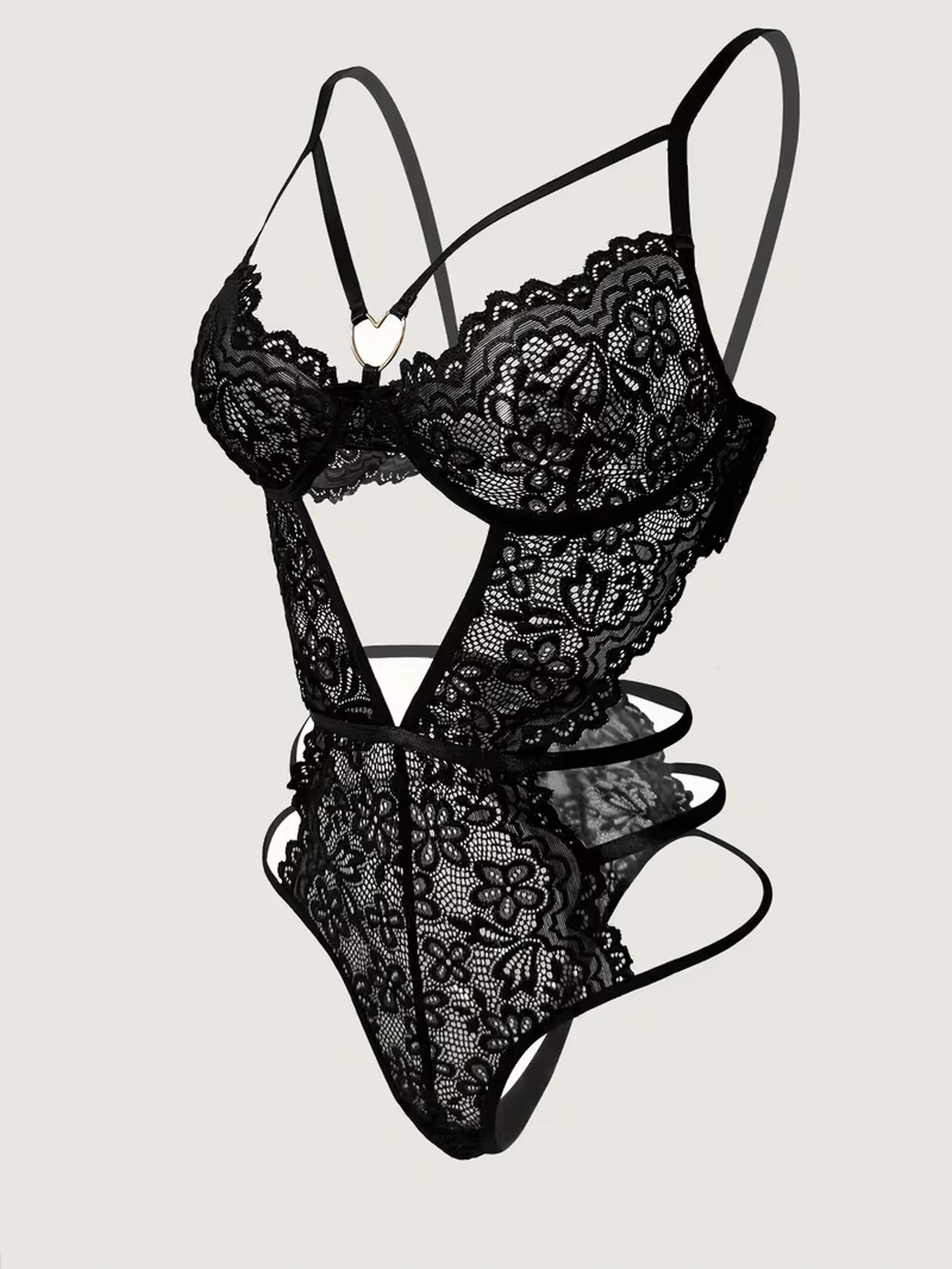 Black backless lace bodysuit at three-quarter angle