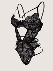 Black backless lace bodysuit at three-quarter angle