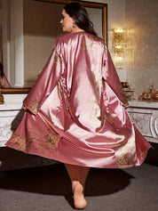 Plus size satin kimono robe in pink floral print, wrap front with tie belt