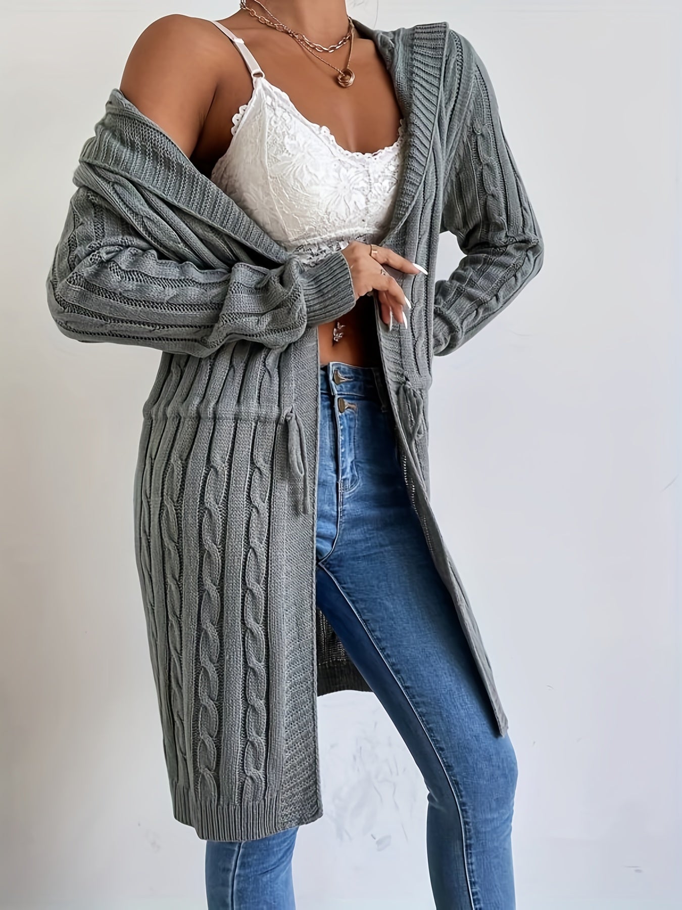 Women’s Long Knit Cardigan | V-Neck Hooded Drawstring Sweater for Fall & Winter