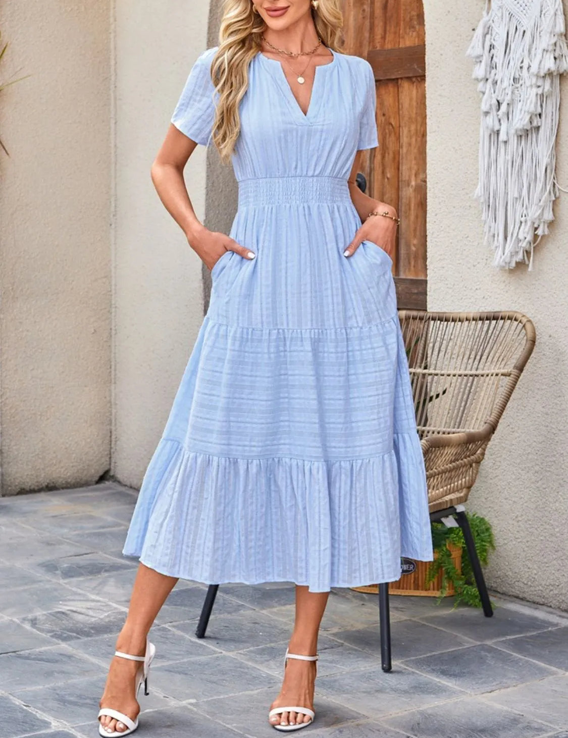 Women's midi dress, notched neck short sleeve