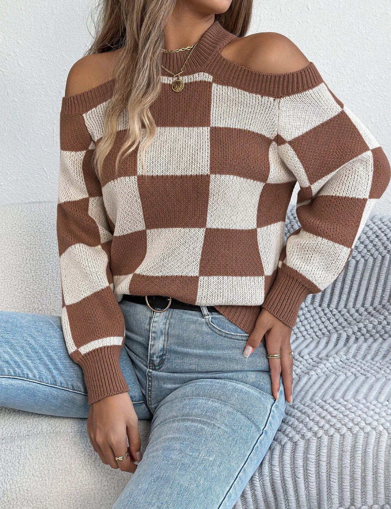 Women's plaid sweater, cold shoulder, long sleeve