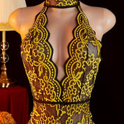 Crotchless halter lace teddy in gold contrast lace, front view with deep plunge and collar