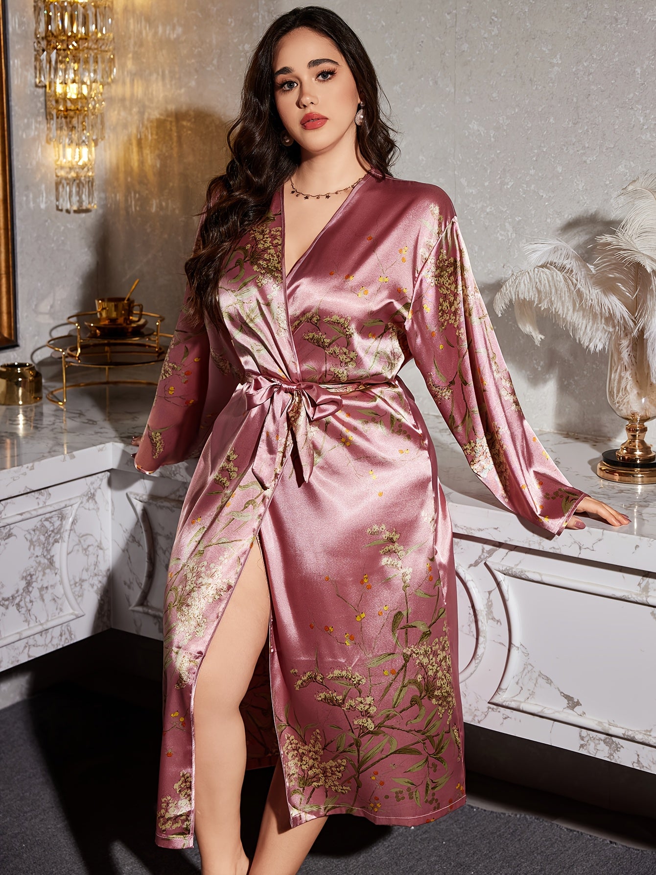 Plus size satin kimono robe in pink floral print, wrap front with tie belt