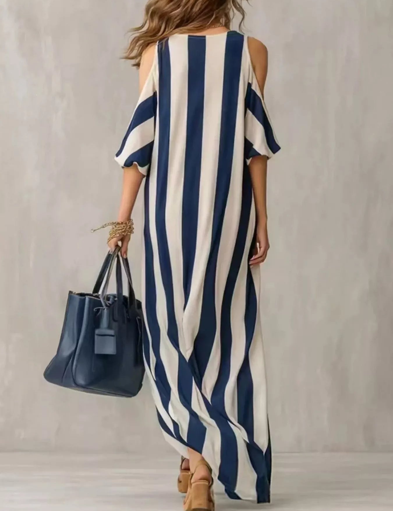 Women's maxi dress in striped, cold shoulder