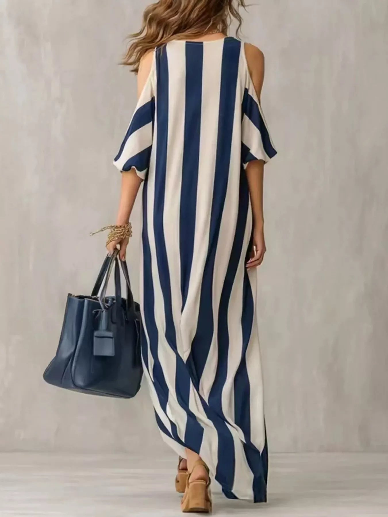 Women's maxi dress in striped, cold shoulder